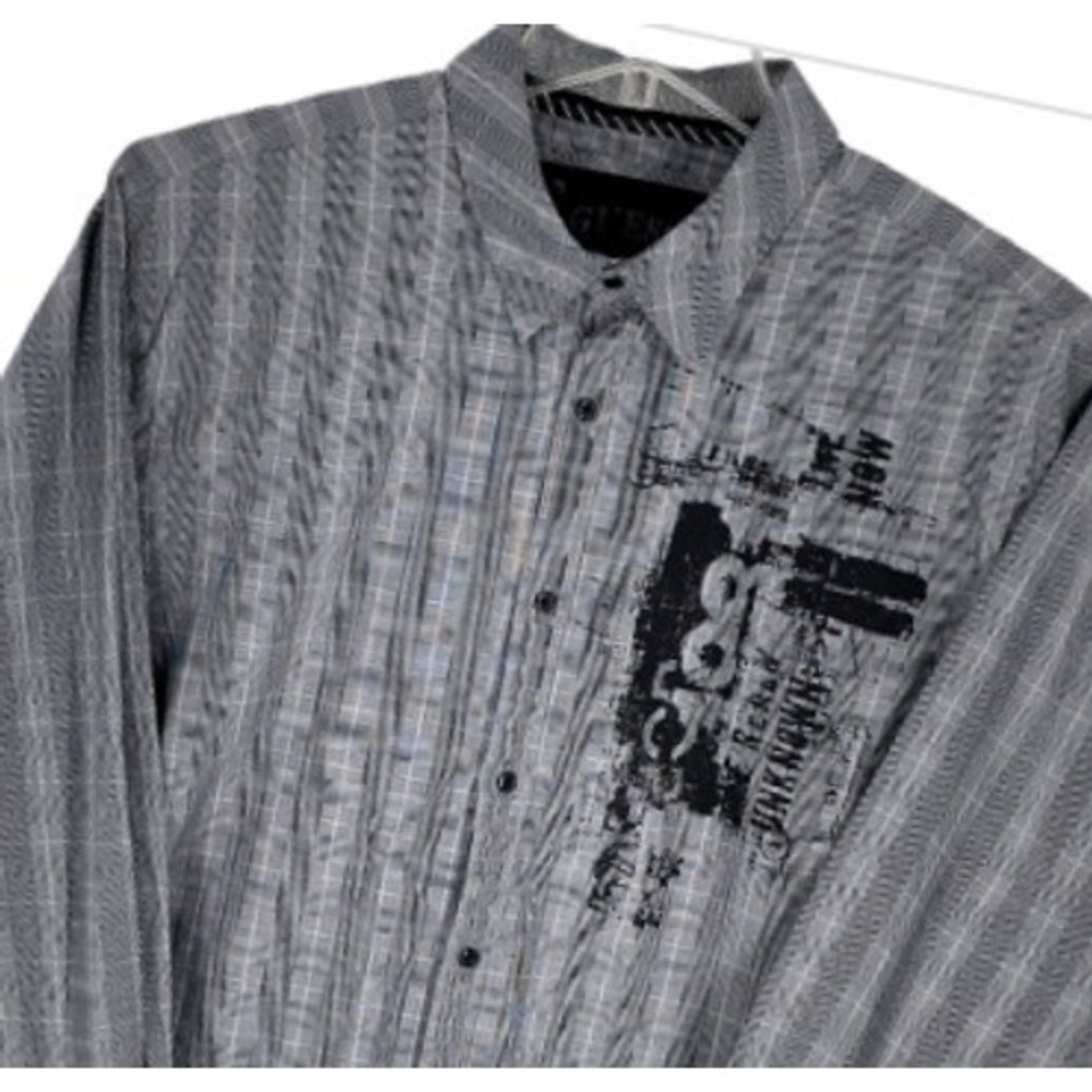 GUESS Mens XL "Unknown" Gray Plaid Long Sleeve Button Down Shirt‎ Graphic Print